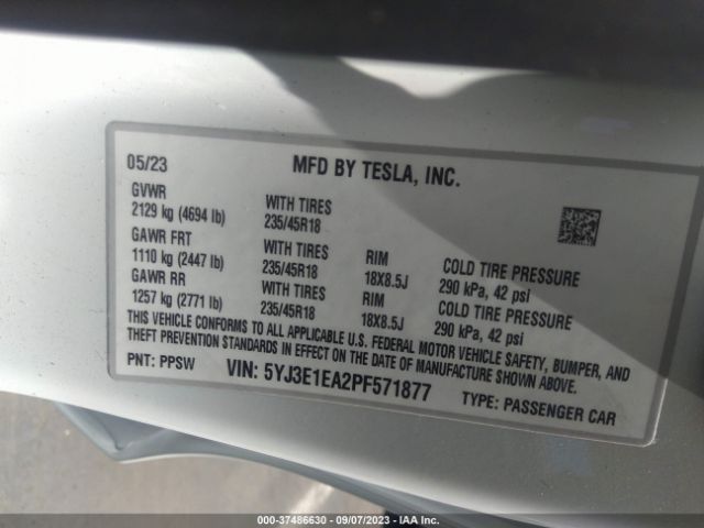5YJ3E1EA2PF571877 Tesla MODEL 3