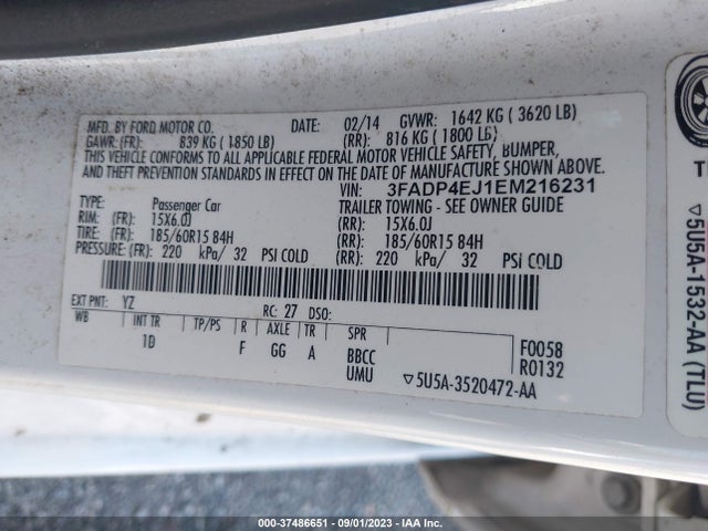 2014 FORD FIESTA SE VIN: 3FADP4EJ1EM216231