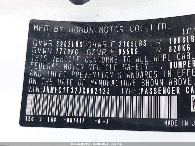 2018 HONDA CIVIC EX-T VIN: JHMFC1F32JX002123
