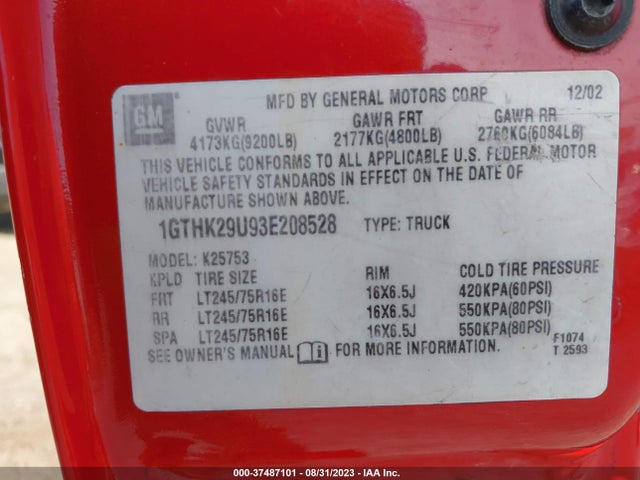 2003 GMC SIERRA 2500HD SLE VIN: 1GTHK29U93E208528