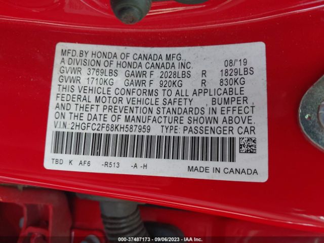 2HGFC2F68KH587959 Honda Civic Sedan Lx