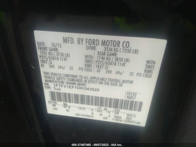 2013 FORD F-150 XLT VIN: 1FTFX1EF1DKG43525