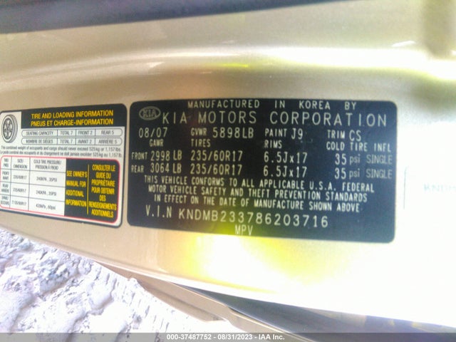 2008 KIA SEDONA EX VIN: KNDMB233786203716