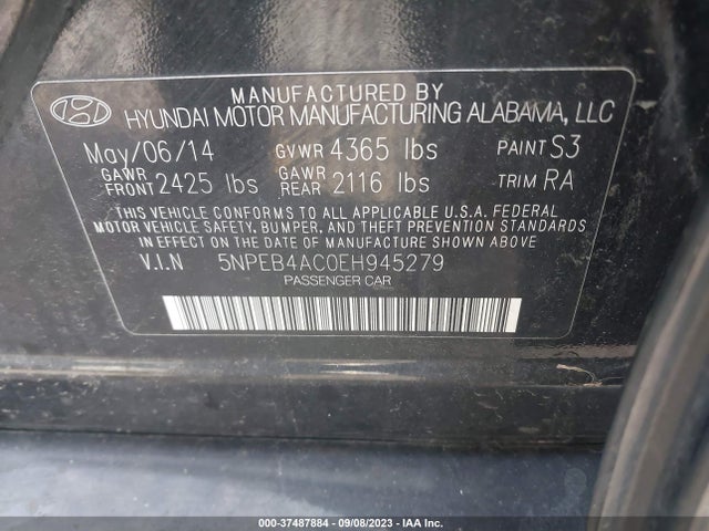 2014 HYUNDAI SONATA GLS VIN: 5NPEB4AC0EH945279