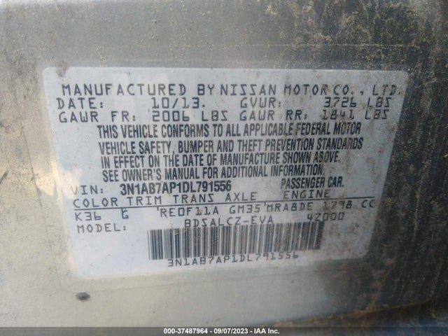2013 NISSAN SENTRA S VIN: 3N1AB7AP1DL791556