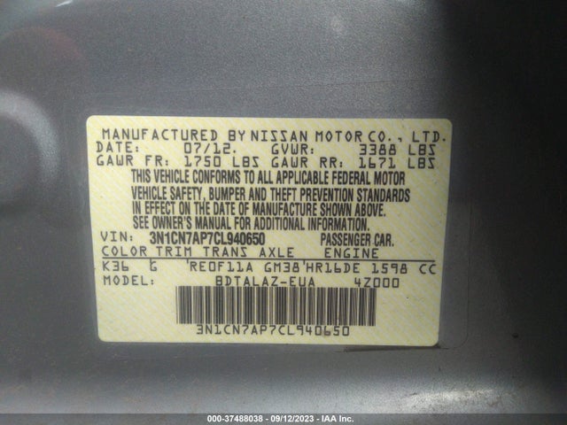 2012 NISSAN VERSA S VIN: 3N1CN7AP7CL940650