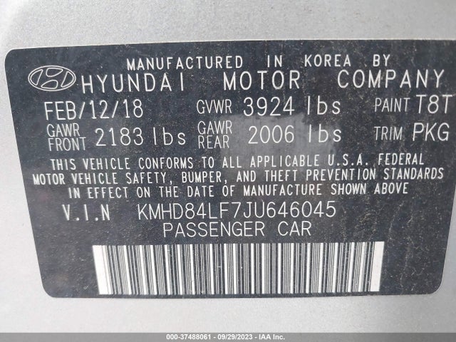 2018 HYUNDAI ELANTRA SEL VIN: KMHD84LF7JU646045