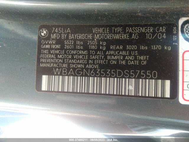 2005 BMW 7 SERIES 745LI VIN: WBAGN63535DS57550