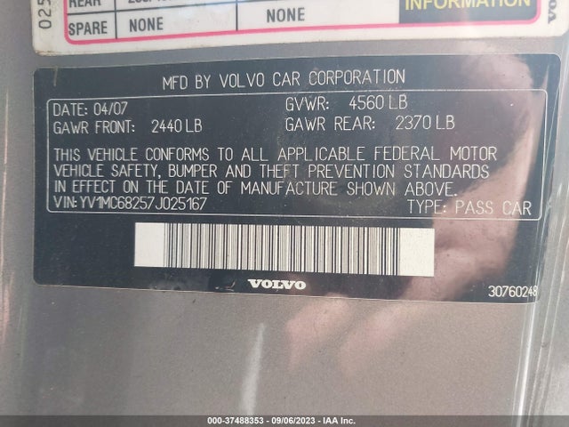 2007 VOLVO C70 VIN: YV1MC68257J025167