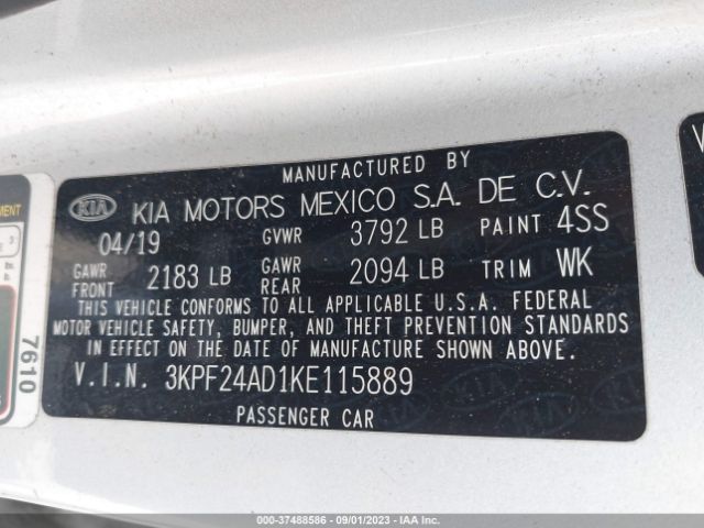 3KPF24AD1KE115889 KIA Forte Lxs