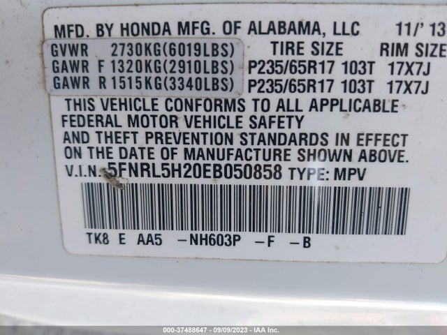 Honda ODYSSEY LX 2014 5FNRL5H20EB050858 Image 9