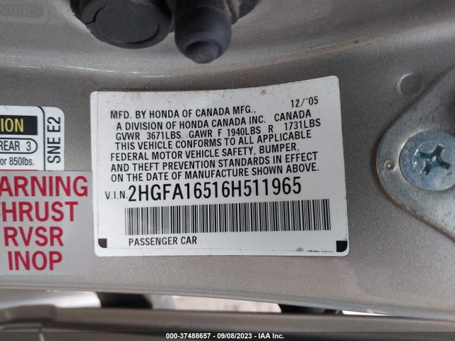 2006 HONDA CIVIC SDN LX VIN: 2HGFA16516H511965