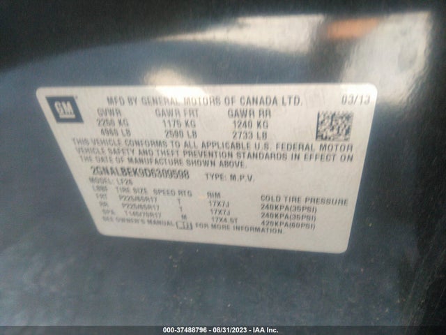 2013 CHEVROLET EQUINOX LS VIN: 2GNALBEK9D6309598