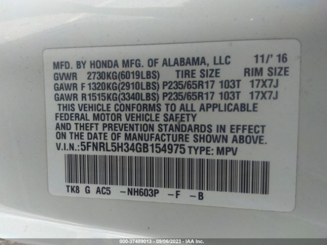 5FNRL5H34GB154975 Honda ODYSSEY SE