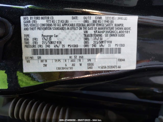 2012 FORD FOCUS SEL VIN: 1FAHP3M26CL400181