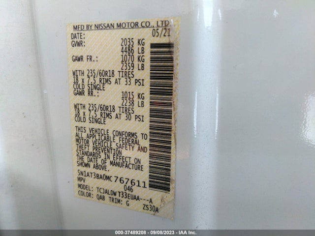 2021 NISSAN ROGUE SV FWD VIN: 5N1AT3BA0MC767611