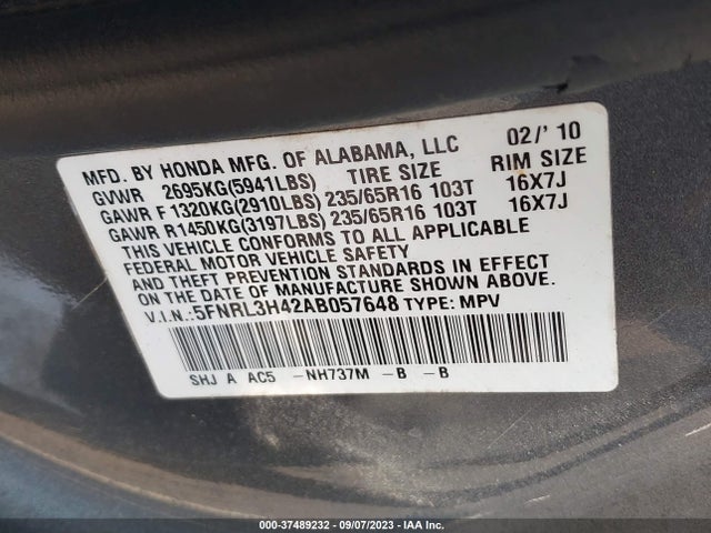 2010 HONDA ODYSSEY EX VIN: 5FNRL3H42AB057648