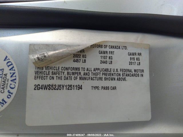 2000 BUICK CENTURY CUSTOM VIN: 2G4WS52J5Y1251194