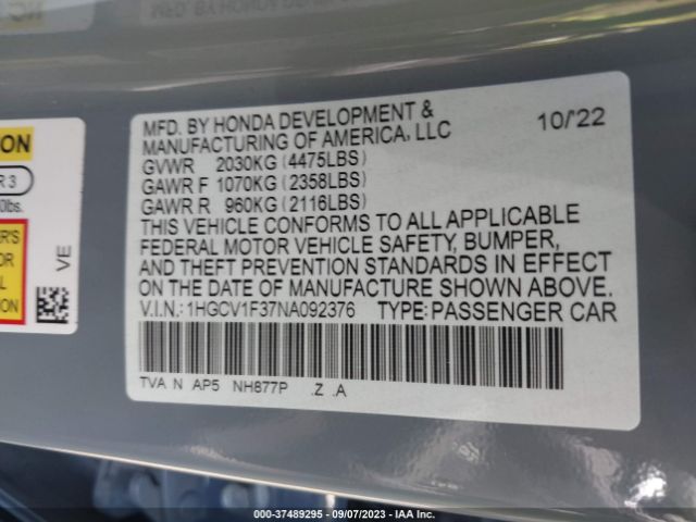 1HGCV1F37NA092376 Honda Accord Sedan Sport