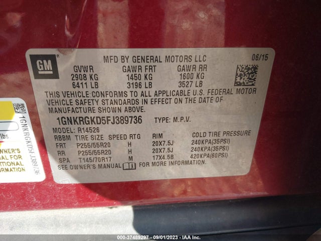 Chevrolet Traverse Lt 2015 1GNKRGKD5FJ389736 Image 9