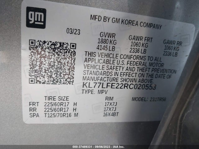 Продажа на аукционе авто 2024 Chevrolet Trax Ls, vin: KL77LFE22RC020553, номер лота: 37489331