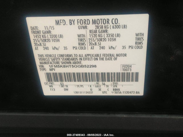 2016 FORD EXPLORER PLATINUM VIN: 1FM5K8HT5GGB52298