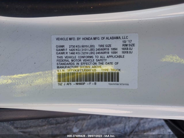 Honda Ridgeline Rtl-e 2018 5FPYK3F72JB007125 Image 9