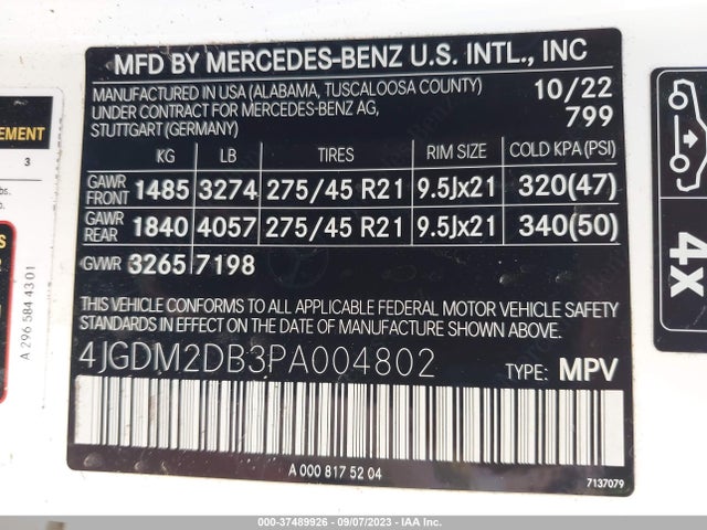 4JGDM2DB3PA004802 Mercedes-Benz Eqs Eqs 450+