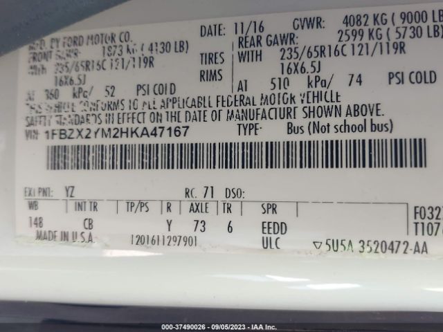 1FBZX2YM2HKA47167 Ford Transit Wagon Xl/xlt