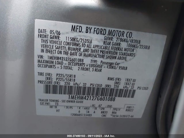 2007 MERCURY MONTEGO PREMIER VIN: 1MEHM42127G601088