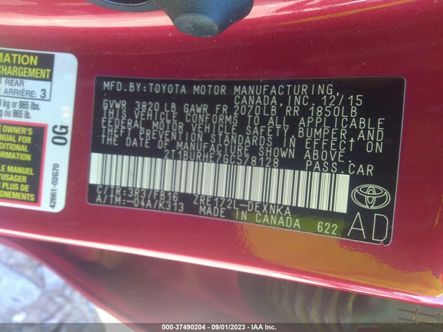 2016 TOYOTA COROLLA L/LE/S/S PLUS/LE PLUS VIN: 2T1BURHE7GC578128
