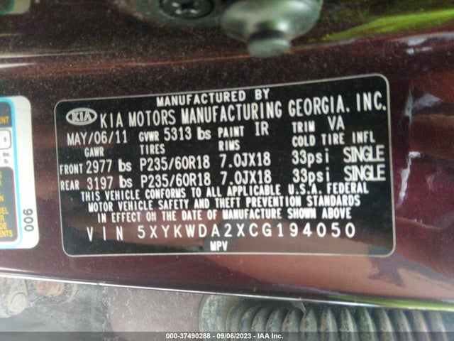 2012 KIA SORENTO SX VIN: 5XYKWDA2XCG194050