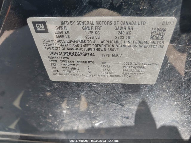 2013 CHEVROLET EQUINOX LT VIN: 2GNALPEKXD6338184