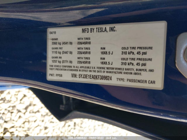 2019 Tesla 3, VIN: 5YJ3E1EA0KF309624