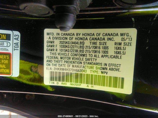 2013 HONDA CR-V LX VIN: 2HKRM4H37DH663043