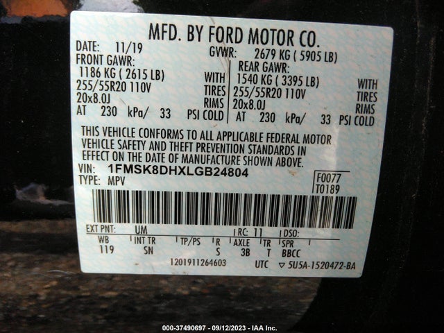 Ford EXPLORER XLT 2020 1FMSK8DHXLGB24804 Image 9