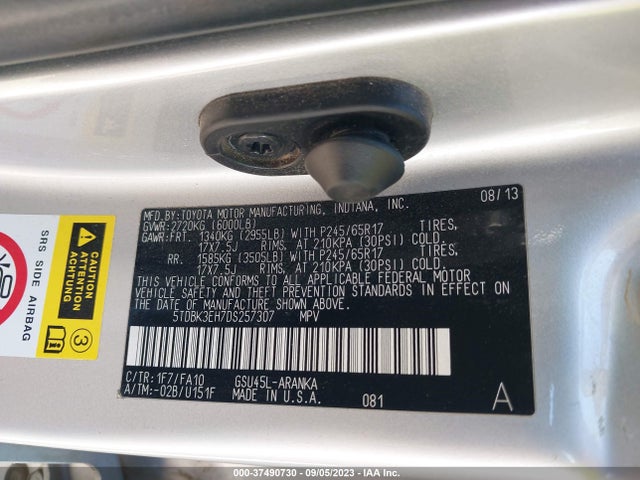 2013 TOYOTA HIGHLANDER BASE PLUS V6 VIN: 5TDBK3EH7DS257307