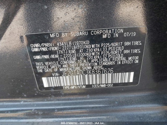 Продаж на аукціоні авто 2019 Subaru Crosstrek Premium, vin: JF2GTADC3K8367626, номер лоту: 37490782