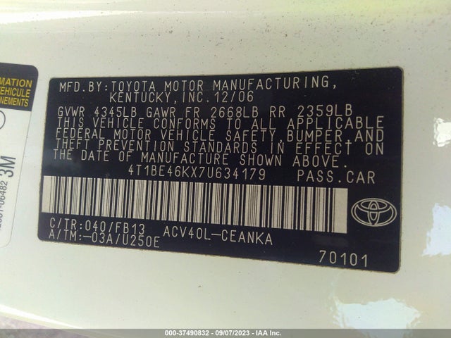 2007 TOYOTA CAMRY CE/LE/SE/XLE VIN: 4T1BE46KX7U634179