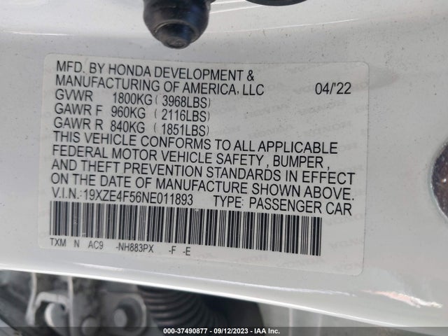 2022 HONDA INSIGHT EX VIN: 19XZE4F56NE011893