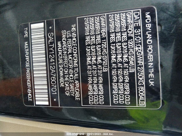 2002 LAND ROVER DISCOVERY SERIES II SE VIN: SALTY12412A760701