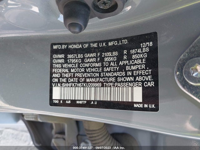 2019 HONDA CIVIC HATCHBACK EX VIN: SHHFK7H67KU209969