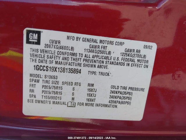 2003 CHEVROLET S-10 LS VIN: 1GCCS19X138135894