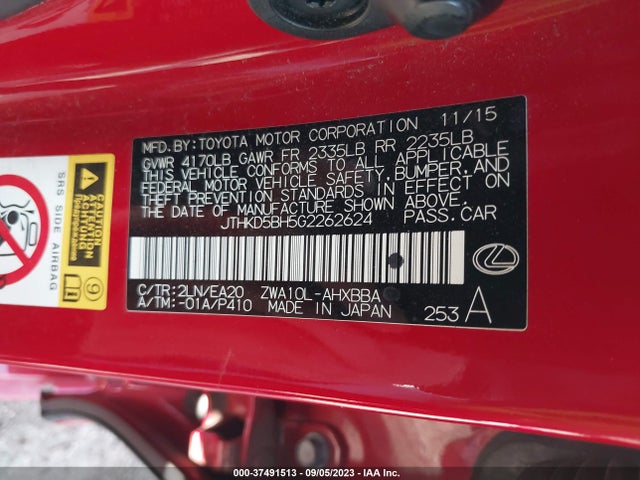 JTHKD5BH5G2262624 Lexus Ct 200h Hybrid