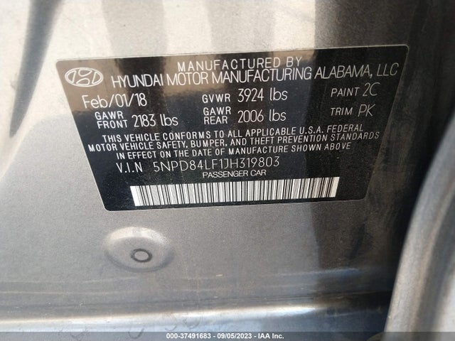 2018 HYUNDAI ELANTRA SEL VIN: 5NPD84LF1JH319803
