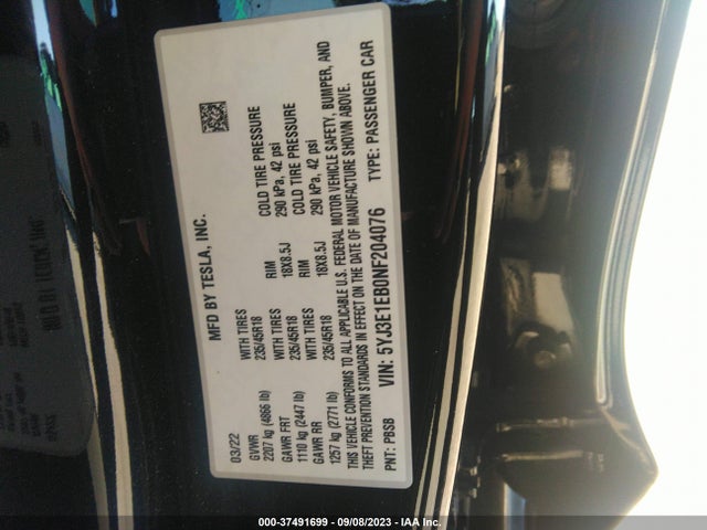 5YJ3E1EB0NF204076 Tesla Model 3 Long Range