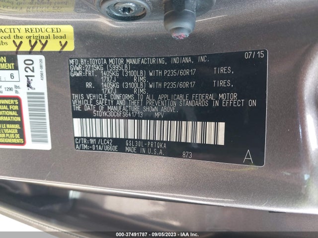 2015 TOYOTA SIENNA XLE/XLE AAS/LTD VIN: 5TDYK3DC6FS641713