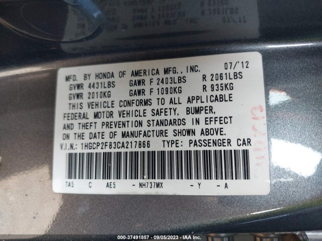 2012 HONDA ACCORD SDN VIN: 1HGCP2F83CA217866