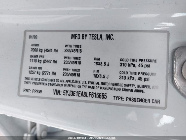 5YJ3E1EA8LF615665 Tesla Model 3 Standard Range