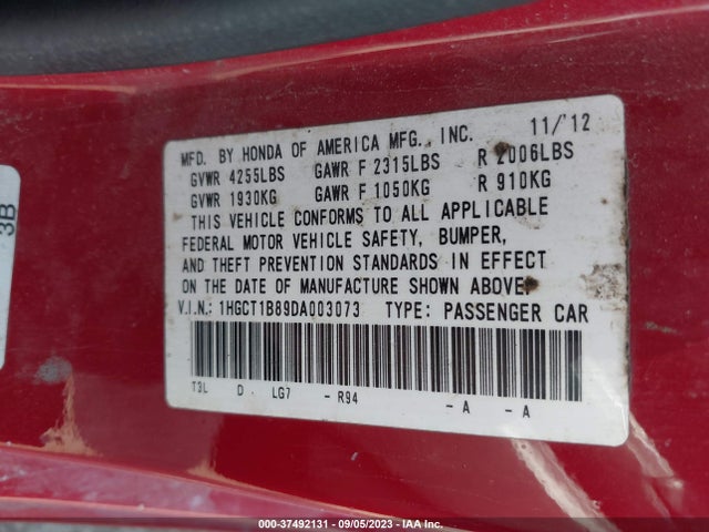 2013 HONDA ACCORD CPE EX-L VIN: 1HGCT1B89DA003073